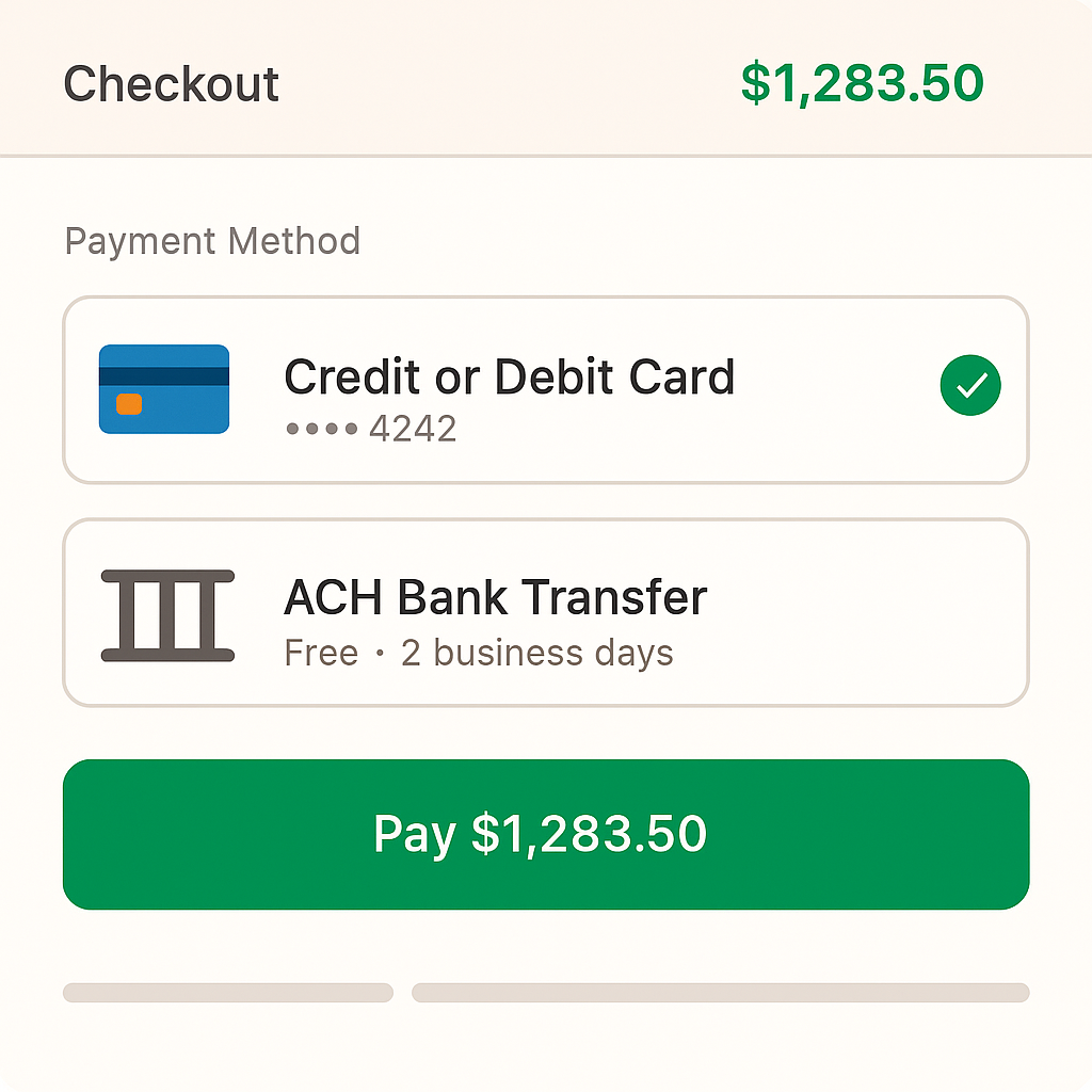 Embedded Stripe Checkout for card and ACH payments